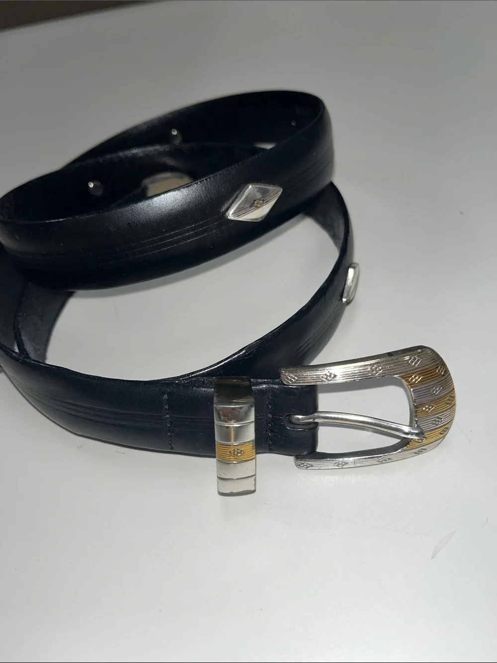 Bill Adler Studio Black Leather Belt with Two-Tone Silver & Gold Buckle 42”
